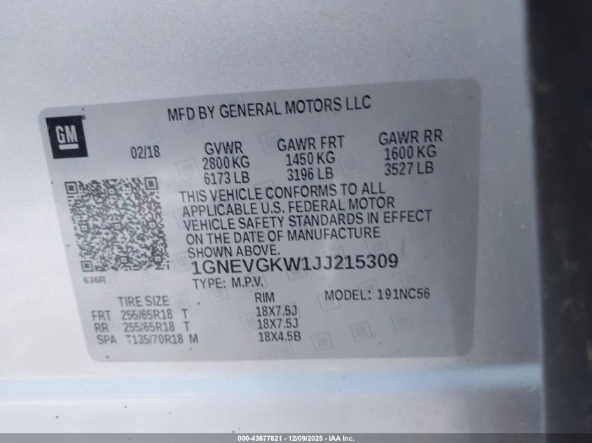 2018 Chevrolet Traverse 1Lt VIN: 1GNEVGKW1JJ215309 Lot: 43677821