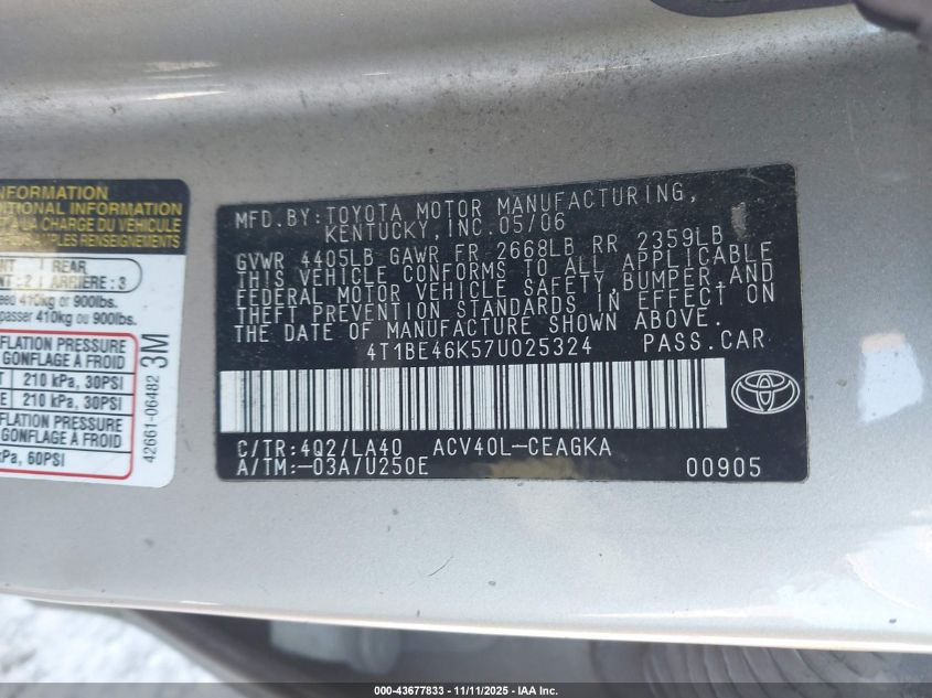 2007 Toyota Camry Xle VIN: 4T1BE46K57U025324 Lot: 43677833