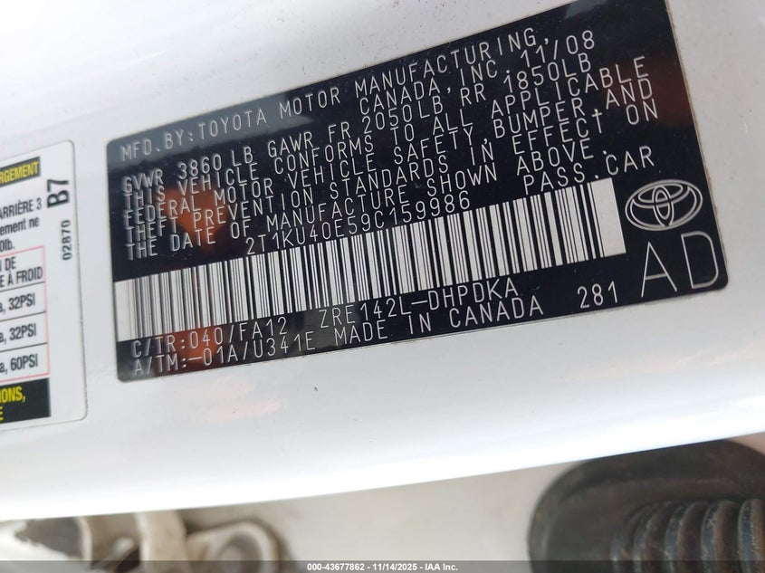 2009 Toyota Matrix VIN: 2T1KU40E59C159986 Lot: 43677862