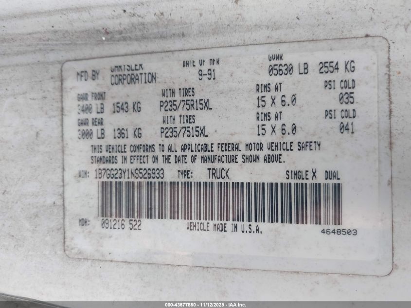 1992 Dodge Dakota VIN: 1B7GG23Y1NS526933 Lot: 43677880