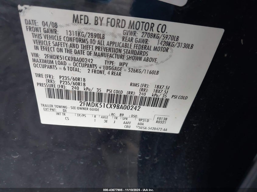 2009 Ford Flex Se VIN: 2FMDK51CX9BA00242 Lot: 43677905