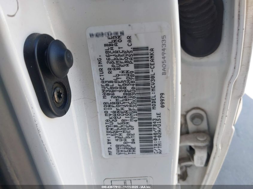 2003 Toyota Camry Le V6 VIN: 4T1BF32K03U048789 Lot: 43677913