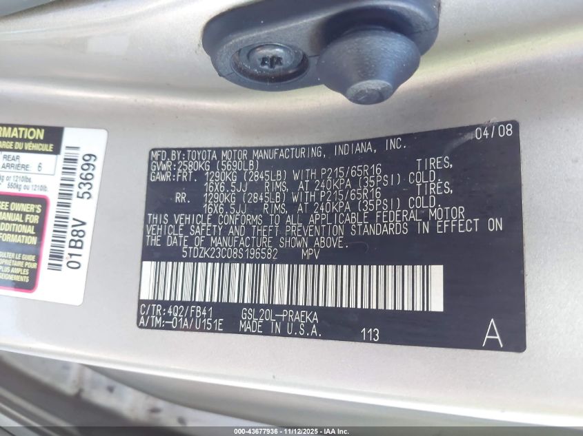 2008 Toyota Sienna Le VIN: 5TDZK23C08S196582 Lot: 43677936