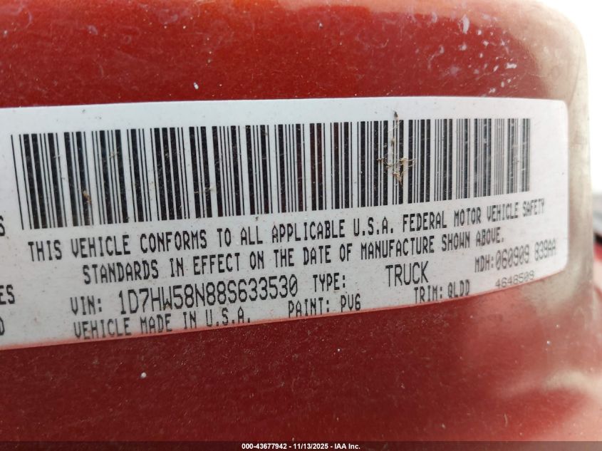 2008 Dodge Dakota Laramie VIN: 1D7HW58N88S633530 Lot: 43677942