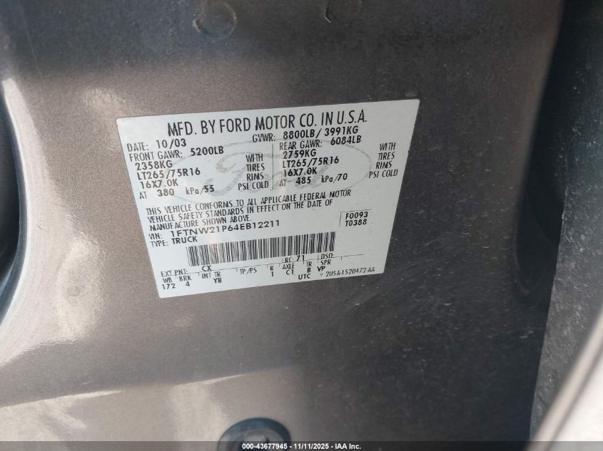 2004 Ford F-250 Lariat/Xl/Xlt VIN: 1FTNW21P64EB12211 Lot: 43677945