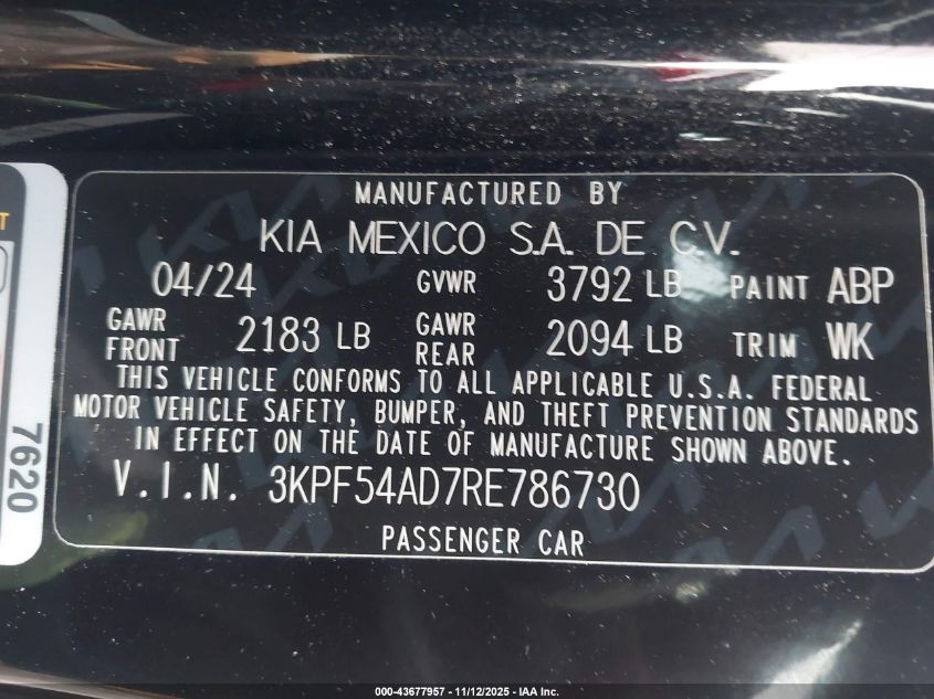 2024 Kia Forte Gt-Line VIN: 3KPF54AD7RE786730 Lot: 43677957