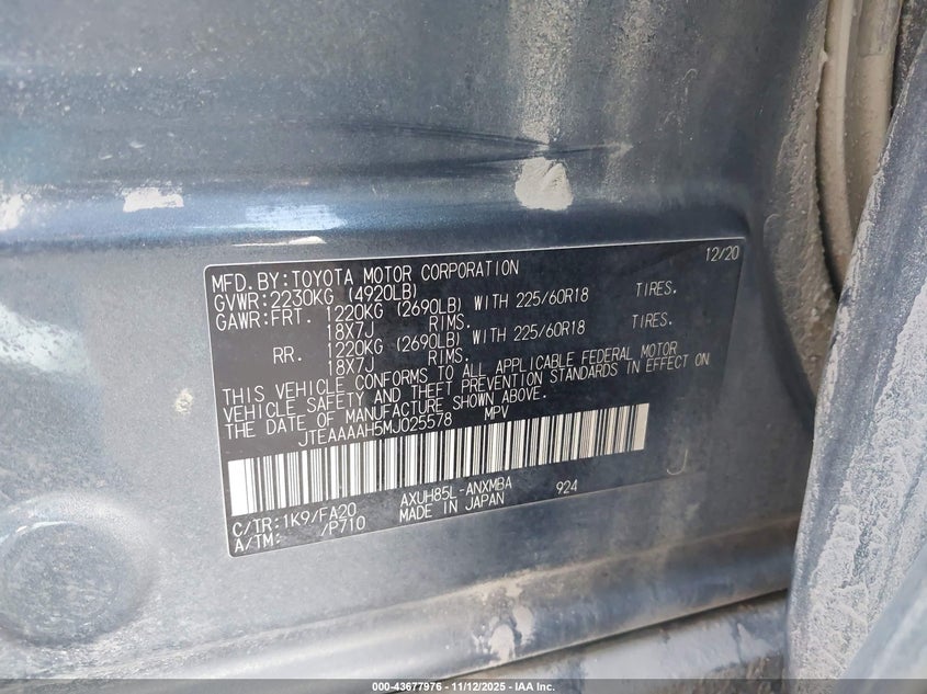 2021 TOYOTA VENZA LE JTEAAAAH5MJ025578