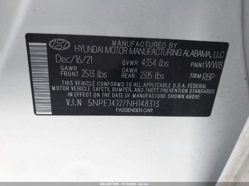2022 Hyundai Sonata Sel Plus VIN: 5NPEJ4J27NH148313 Lot: 43677988