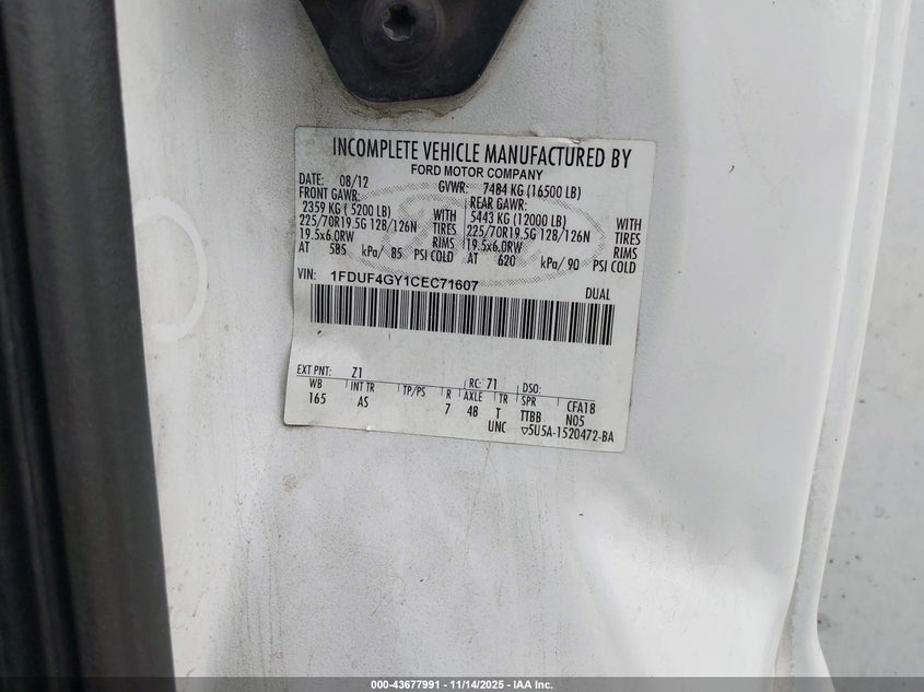 2012 Ford F-450 Chassis Xl VIN: 1FDUF4GY1CEC71607 Lot: 43677991