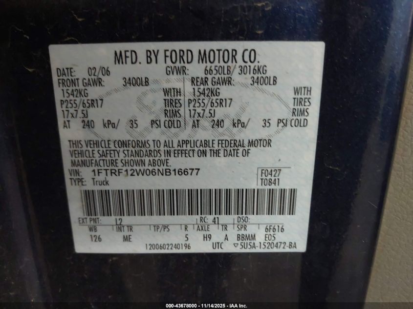 2006 Ford F-150 Stx/Xl/Xlt VIN: 1FTRF12W06NB16677 Lot: 43678000