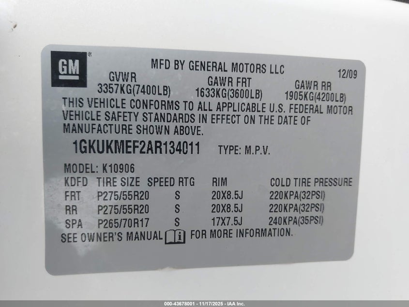 2010 GMC Yukon Xl 1500 Denali VIN: 1GKUKMEF2AR134011 Lot: 43678001