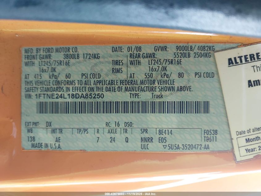2008 Ford E-250 Commercial/Recreational VIN: 1FTNE24L18DA85250 Lot: 43678003