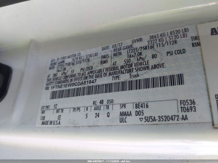 2012 Ford E-150 Commercial VIN: 1FTNE1EW0CDA81847 Lot: 43678017