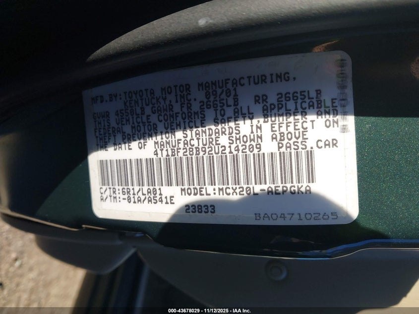 2002 Toyota Avalon Xls VIN: 4T1BF28B92U214209 Lot: 43678029