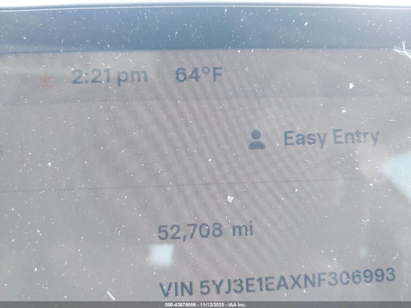 2022 Tesla Model 3 Rear-Wheel Drive VIN: 5YJ3E1EAXNF306993 Lot: 43678056