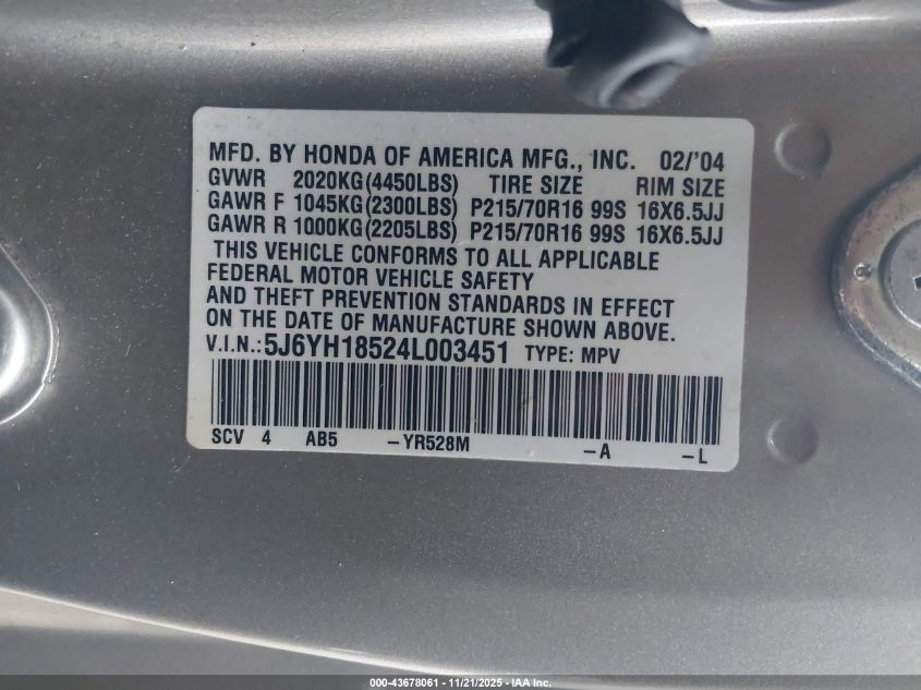 2004 Honda Element Ex VIN: 5J6YH18524L003451 Lot: 43678061