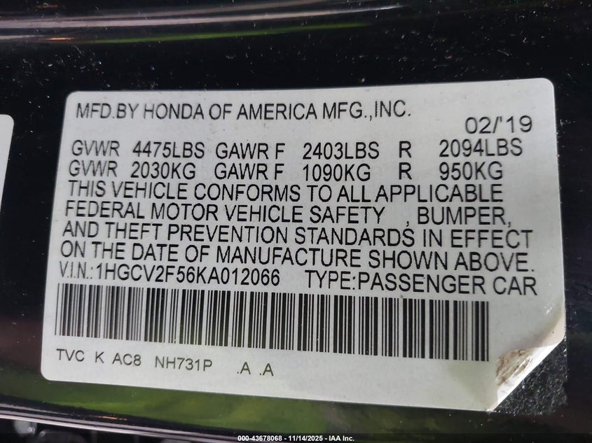 1HGCV2F56KA012066 2019 HONDA ACCORD photo no. 9