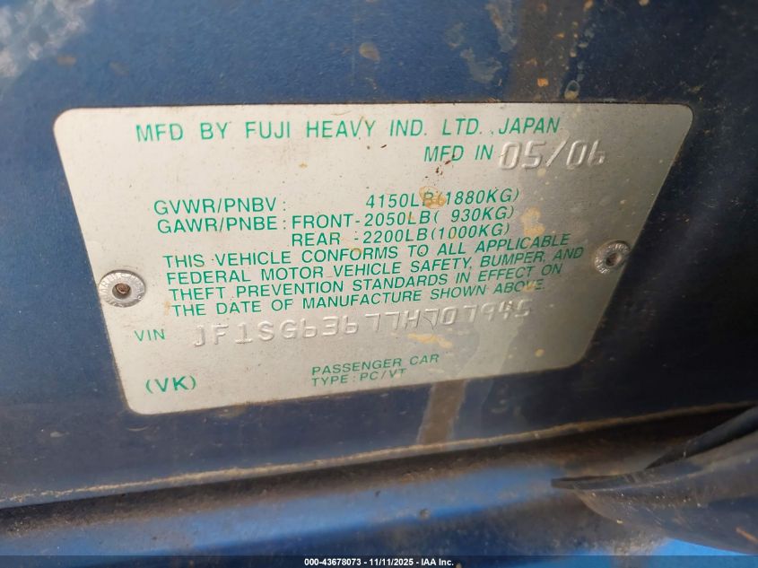 2007 Subaru Forester 2.5X VIN: JF1SG63677H707945 Lot: 43678073