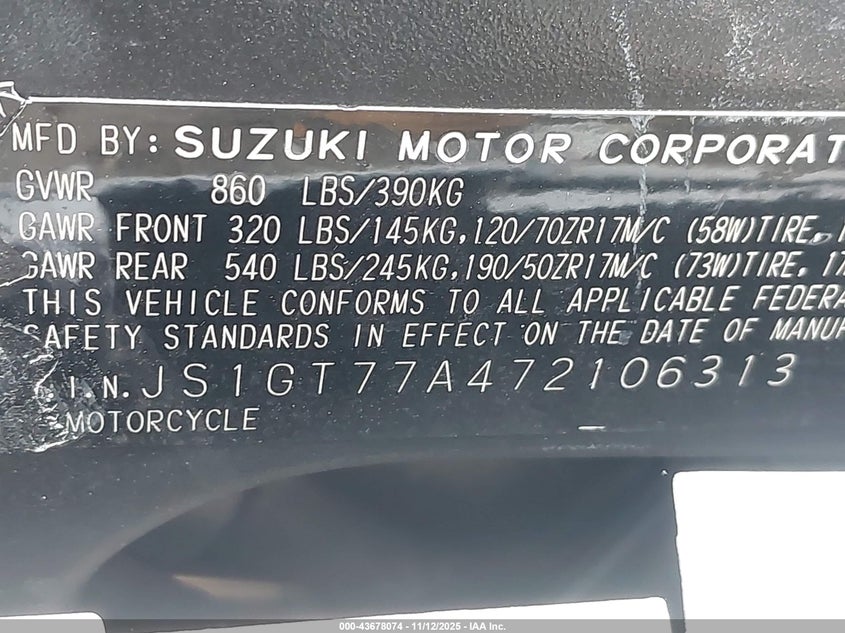 2007 Suzuki Gsx-R1000 VIN: JS1GT77A472106313 Lot: 43678074