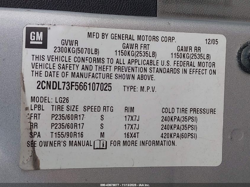 2006 Chevrolet Equinox Lt VIN: 2CNDL73F566107025 Lot: 43678077