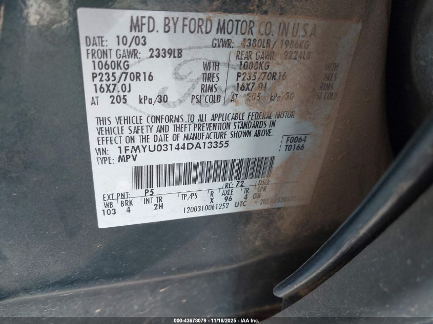 2004 Ford Escape Xlt VIN: 1FMYU03144DA13355 Lot: 43678079