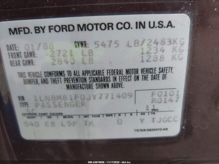 1988 Lincoln Town Car VIN: 1LNBM81F0JY771409 Lot: 43678086