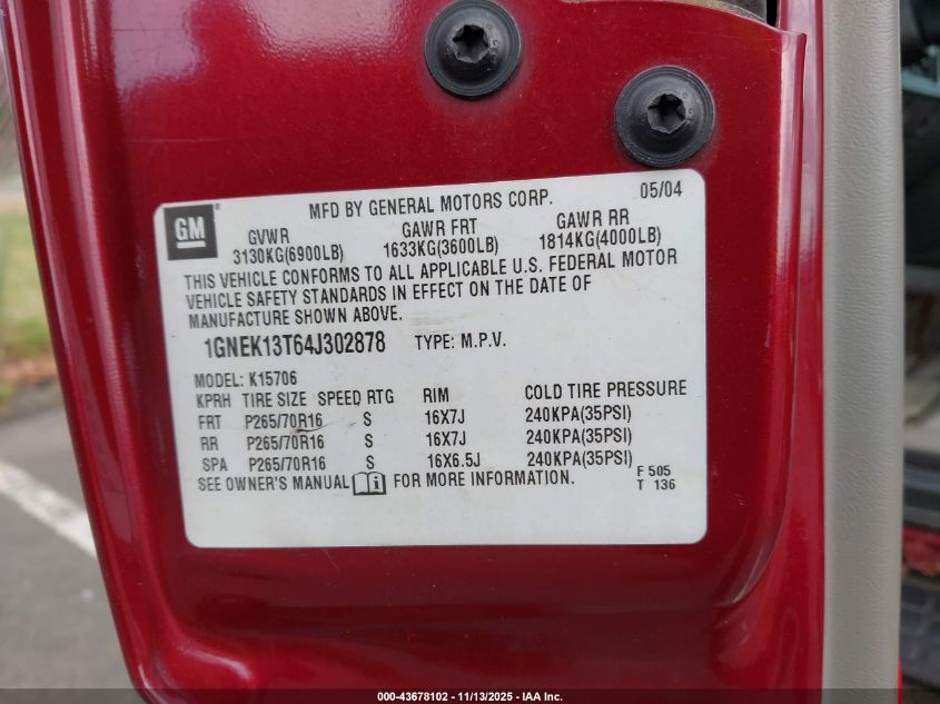 2004 Chevrolet Tahoe Ls VIN: 1GNEK13T64J302878 Lot: 43678102