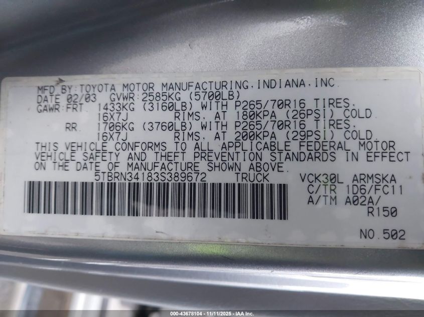 2003 Toyota Tundra Sr5 VIN: 5TBRN34183S389672 Lot: 43678104