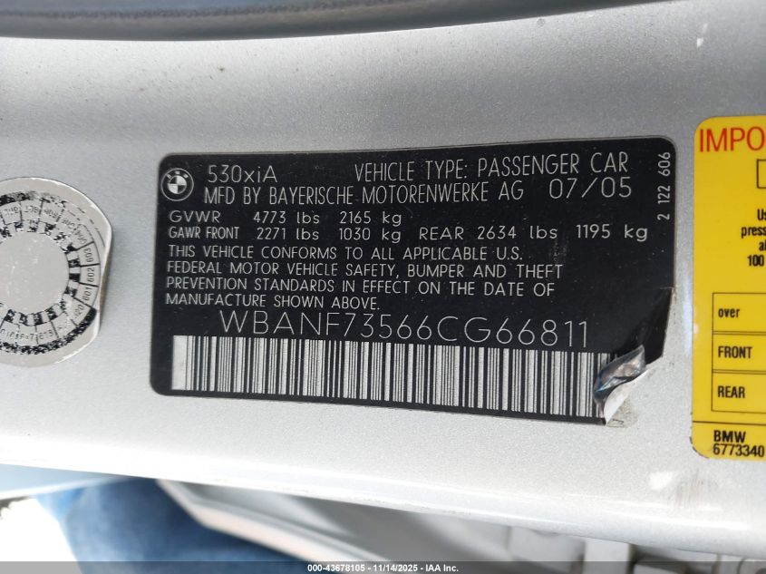 2006 BMW 530Xi VIN: WBANF73566CG66811 Lot: 43678105