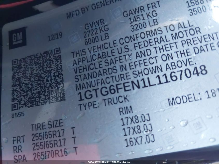 2020 GMC Canyon All Terrain VIN: 1GTG6FEN1L1167048 Lot: 43678137