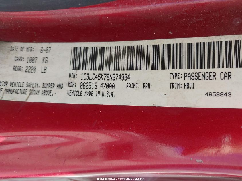 2008 Chrysler Sebring Lx VIN: 1C3LC45K78N674994 Lot: 43678144