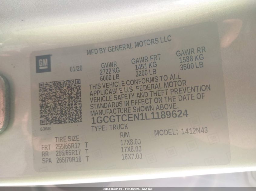 2020 Chevrolet Colorado 4Wd Long Box Lt VIN: 1GCGTCEN1L1189624 Lot: 43678149