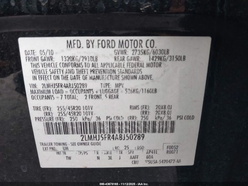 2010 Lincoln Mkt VIN: 2LMHJ5FR4ABJ50289 Lot: 43678165