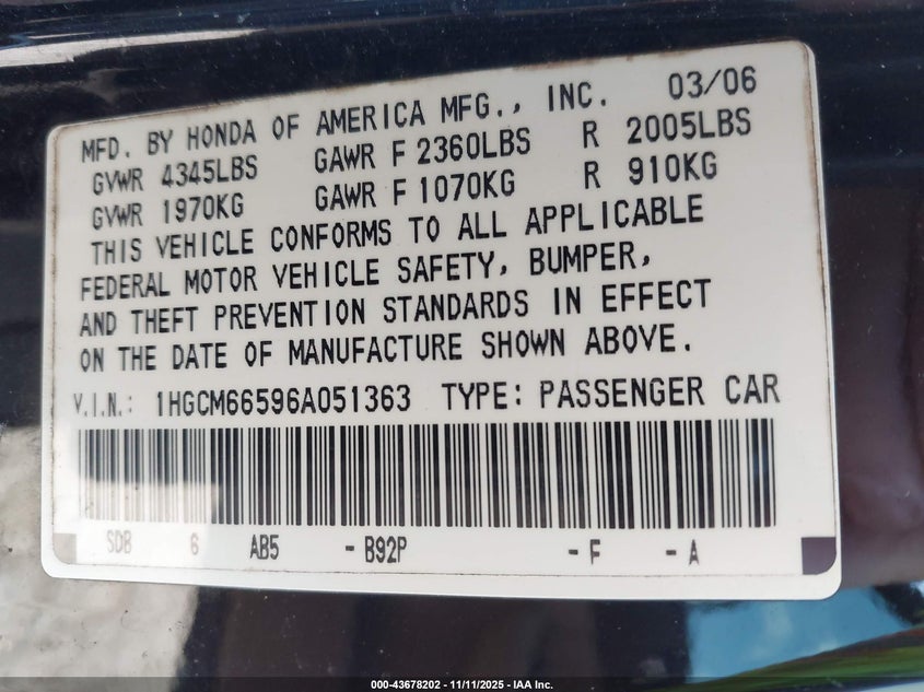 1HGCM66596A051363 2006 HONDA ACCORD photo no. 9