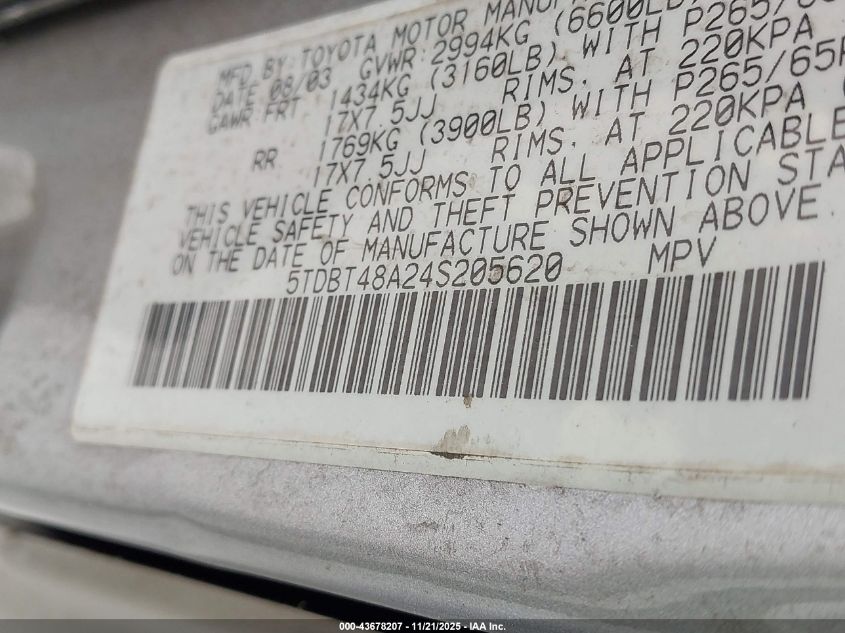 2004 Toyota Sequoia Limited V8 VIN: 5TDBT48A24S205620 Lot: 43678207