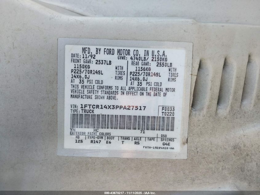1993 Ford Ranger Super Cab VIN: 1FTCR14X3PPA27517 Lot: 43678217