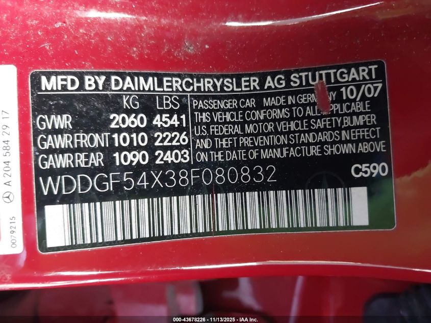 2008 Mercedes-Benz C 300 Luxury/Sport VIN: WDDGF54X38F080832 Lot: 43678226
