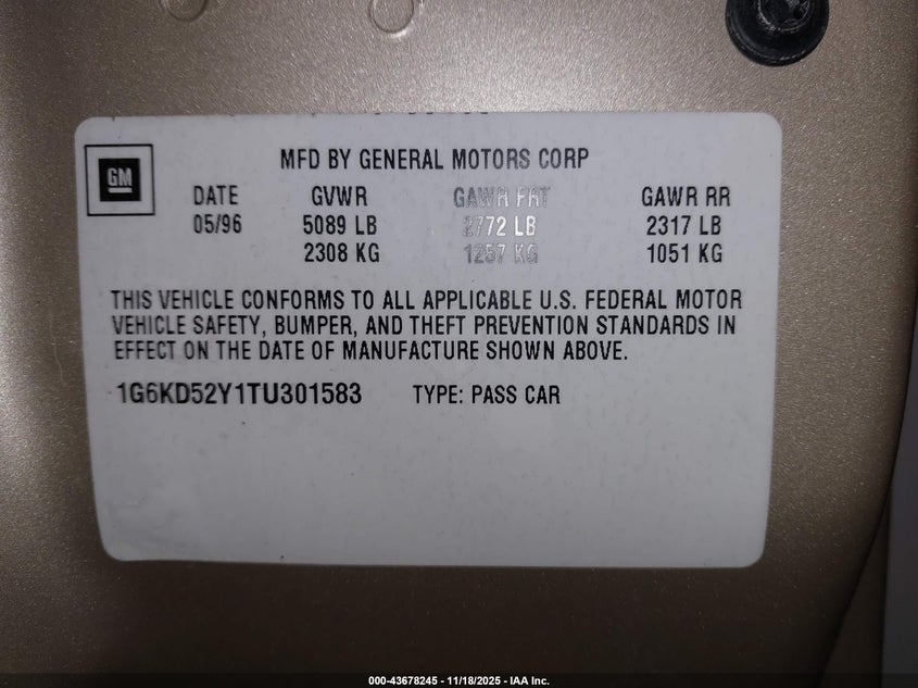 1996 Cadillac Deville VIN: 1G6KD52Y1TU301583 Lot: 43678245