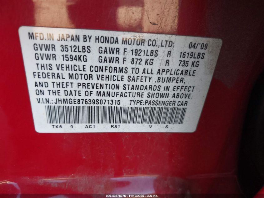 2009 Honda Fit Sport VIN: JHMGE87639S071315 Lot: 43678276