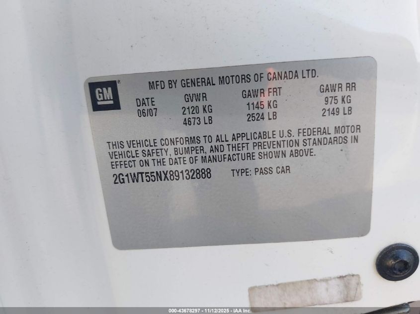 2008 Chevrolet Impala Lt VIN: 2G1WT55NX89132888 Lot: 43678297