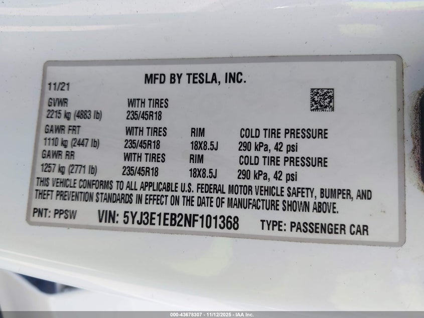 2022 Tesla Model 3 Long Range Dual Motor All-Wheel Drive VIN: 5YJ3E1EB2NF101368 Lot: 43678307