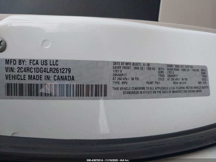 2020 Chrysler Voyager Lxi VIN: 2C4RC1DG4LR261279 Lot: 43678314