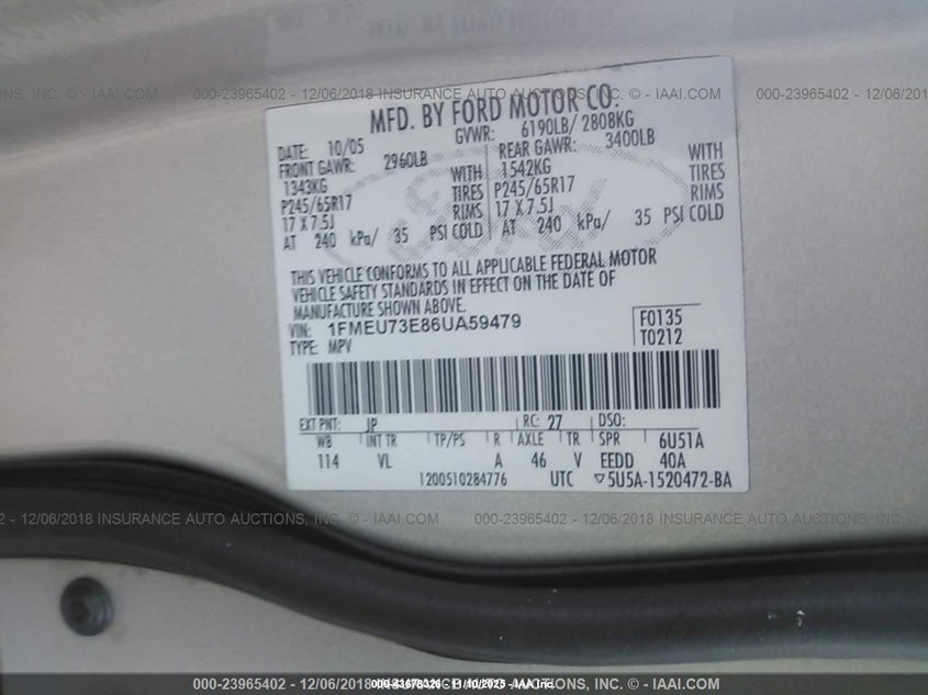 2006 Ford Explorer Xlt VIN: 1FMEU73E86UA59479 Lot: 43678326