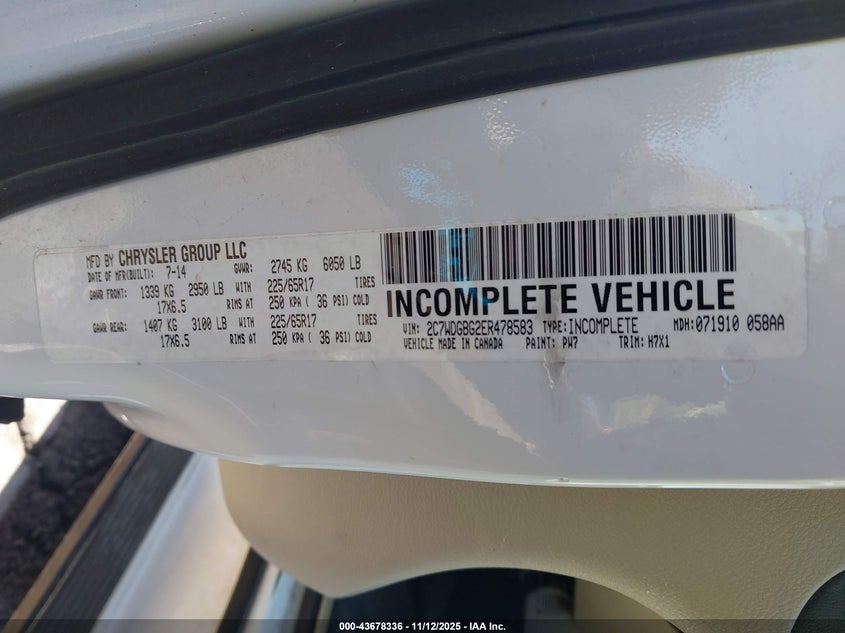 2014 Dodge Grand Caravan Se VIN: 2C7WDGBG2ER478583 Lot: 43678336