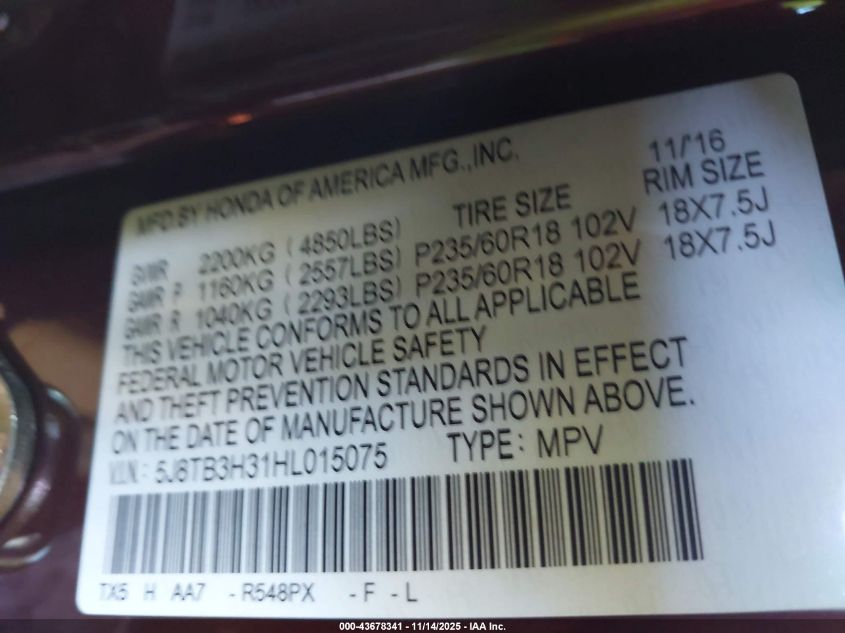 2017 Acura Rdx Acurawatch Plus Package VIN: 5J8TB3H31HL015075 Lot: 43678341