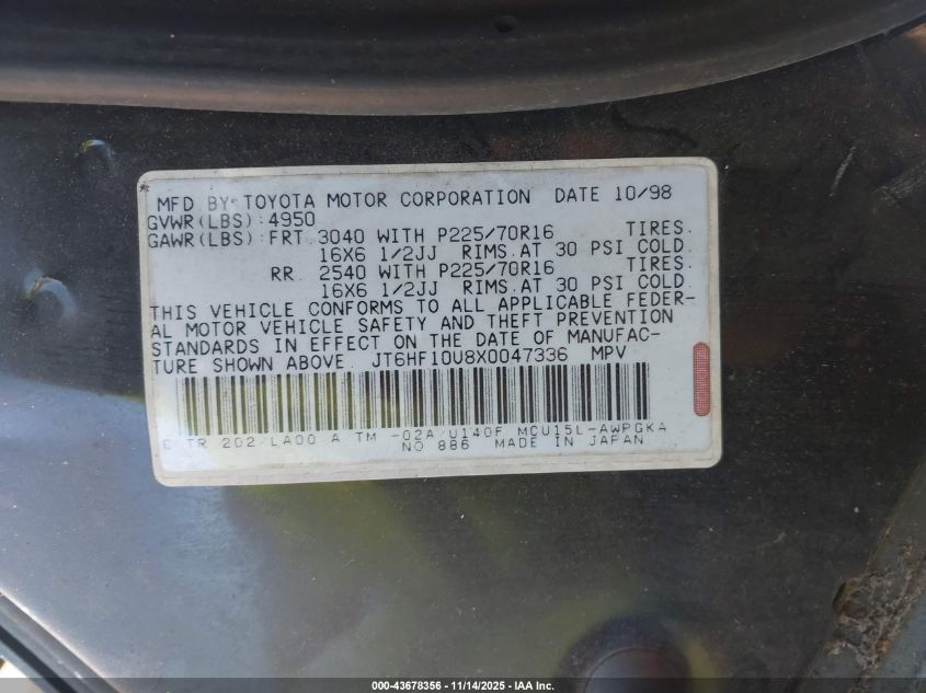 1999 Lexus Rx 300 VIN: JT6HF10U8X0047336 Lot: 43678356