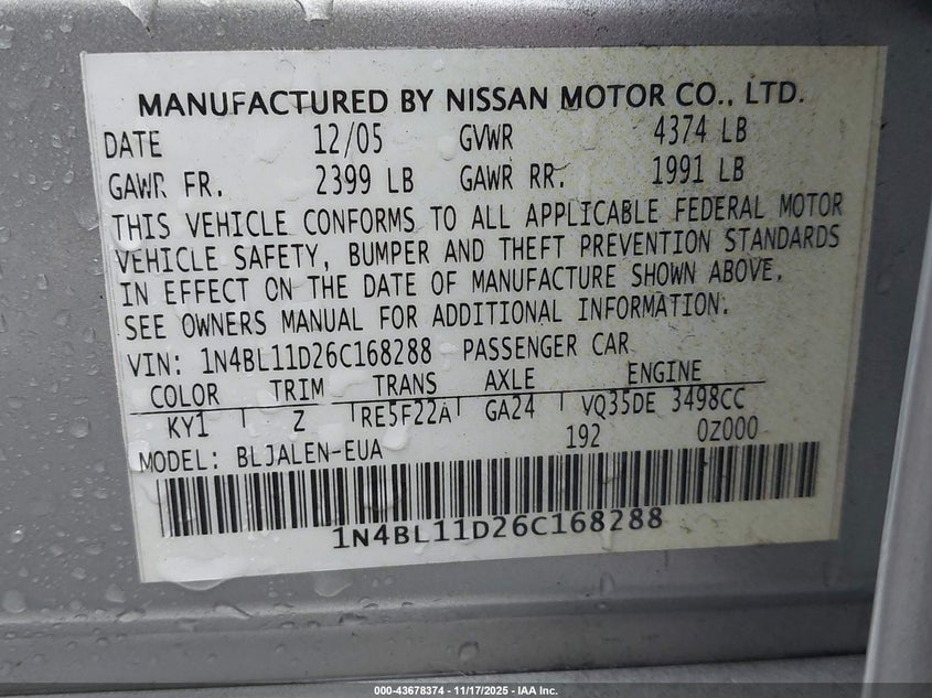 1N4BL11D26C168288 2006 NISSAN ALTIMA photo no. 9
