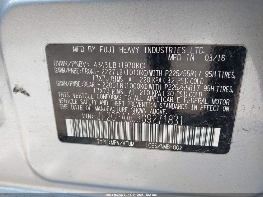 2016 Subaru Crosstrek 2.0I VIN: JF2GPAAC3G9271831 Lot: 43678377