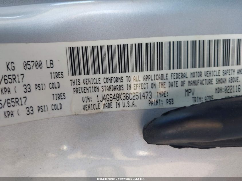 2006 Jeep Grand Cherokee Laredo VIN: 1J4GS48K36C251473 Lot: 43678383