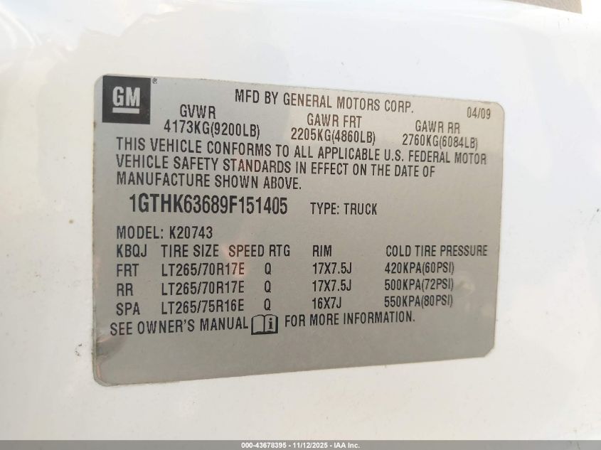 2009 GMC Sierra 2500Hd Slt VIN: 1GTHK63689F151405 Lot: 43678395